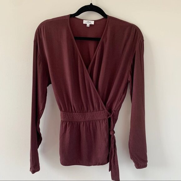 Aritzia Wilfred Anemone Blouse Wrap Tie Up Belted V-neck Truffle Maroon Size XS - Picture 5 of 16